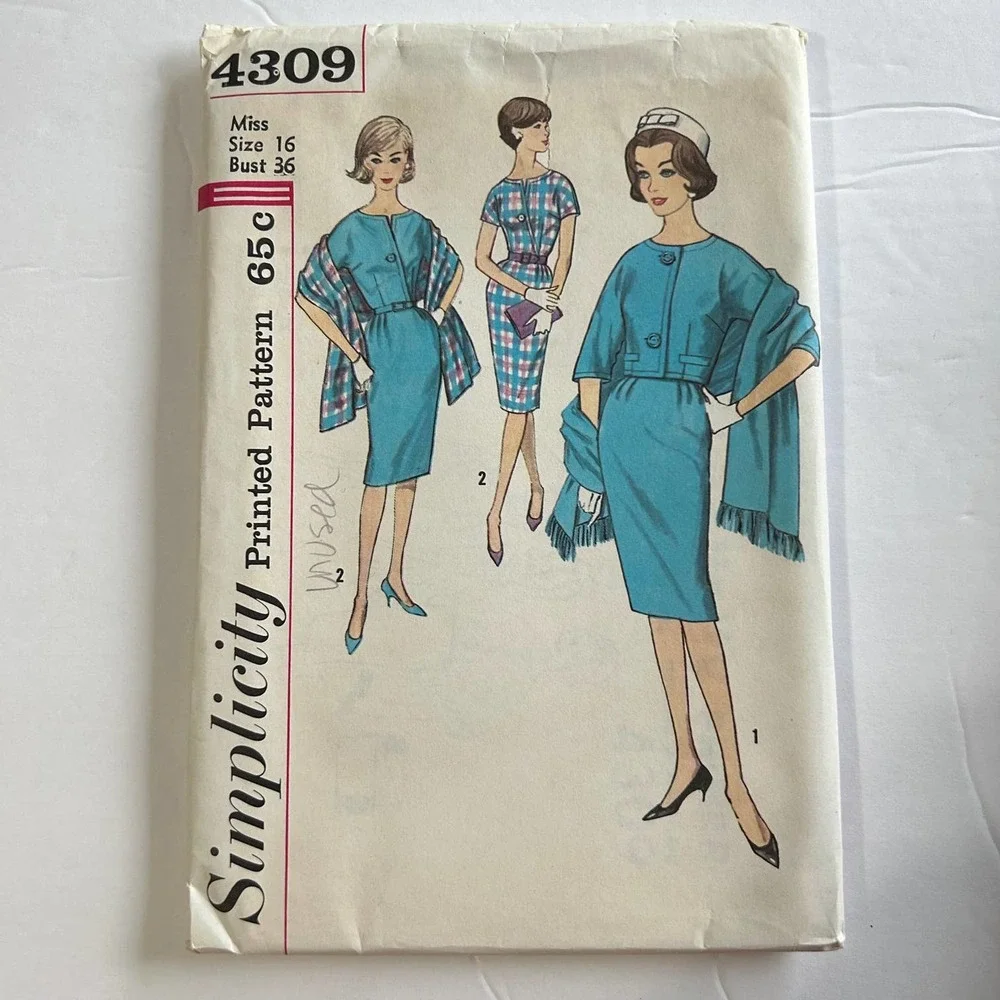Simplicity Vintage 1960's Pattern #4309 Dress Jacket Stole Juniors Miss Size 16‎